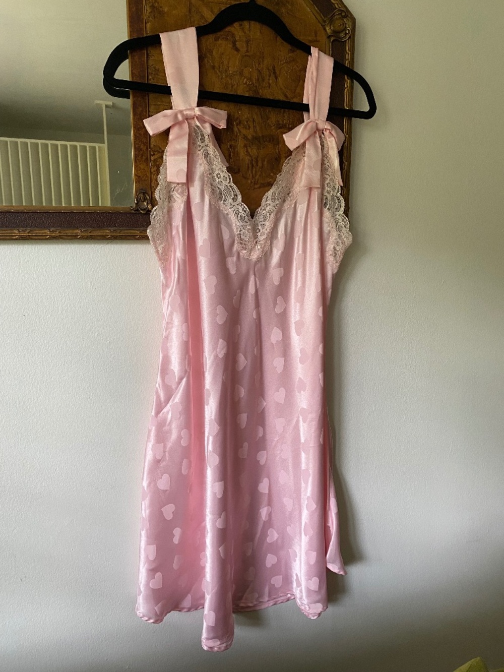 Vintage 1990s Pink Satin Lace Heart Bow Coquette Romantic Slip Size 18 Solange